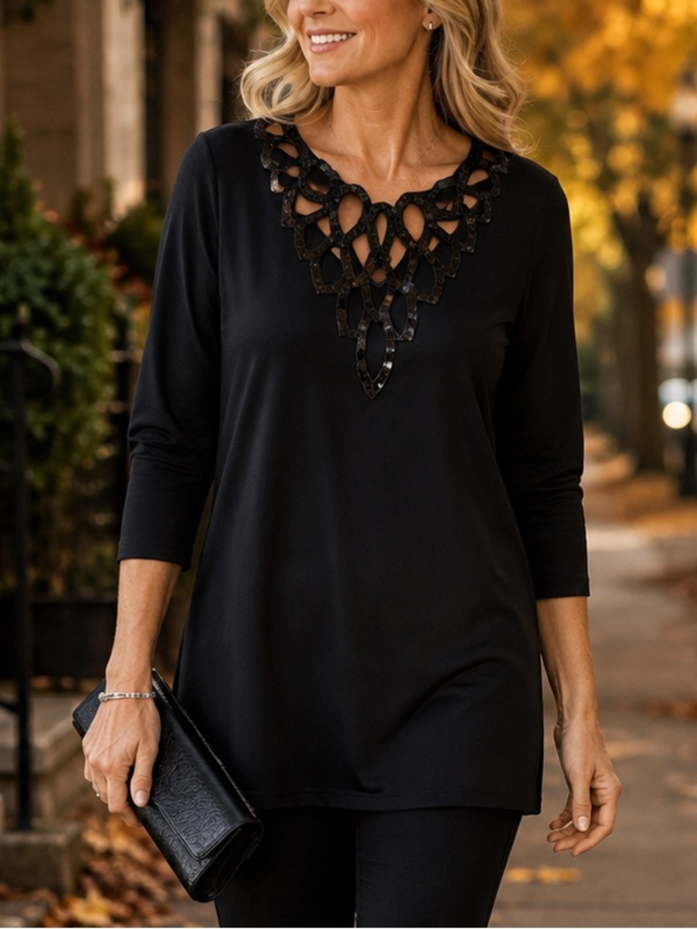 Black Sequin Cutout Neckline Tunic Top L 3/4 Sleeve
